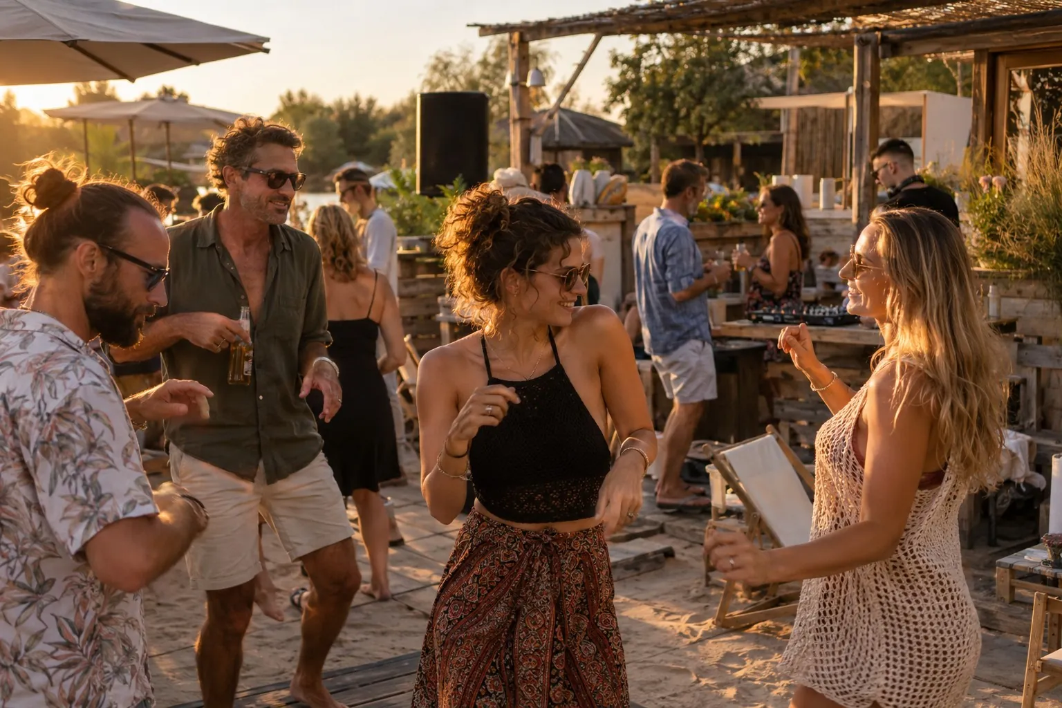 Gäste tanzen bei Sonnenuntergang im Be Keen Beach Club am Strand