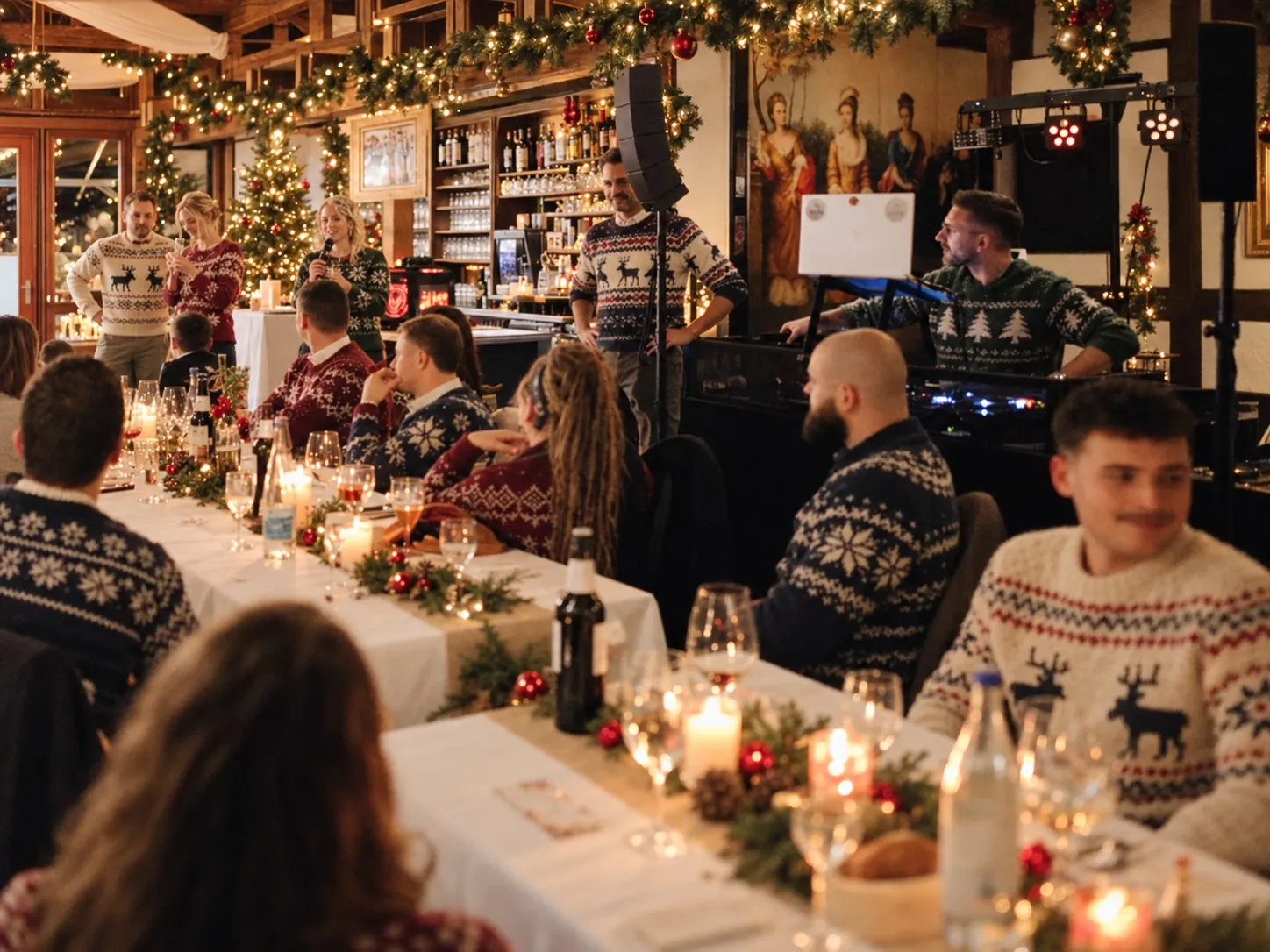 Firmen-Weihnachtsfeier mit festlich gedeckten Tafeln, Kerzen und DJ TK Motion am Pult